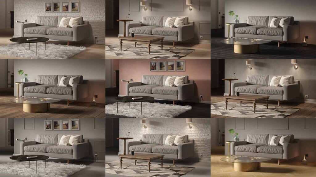 Ein Sofa in neun Varianten, CGI-Rendering